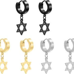 Unisex Stainless Steel Star of David Hoop Earrings - Tarnish Resistant, Adjustab